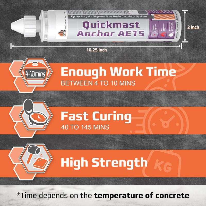 DCP Quickmast AE15 Concrete Epoxy for Rebar and Rods – High-Strength Anchoring System, Two-Part Acrylate Epoxy with Cartridge and Nozzles, 10.1 fl oz – 1 Pack - Image 2